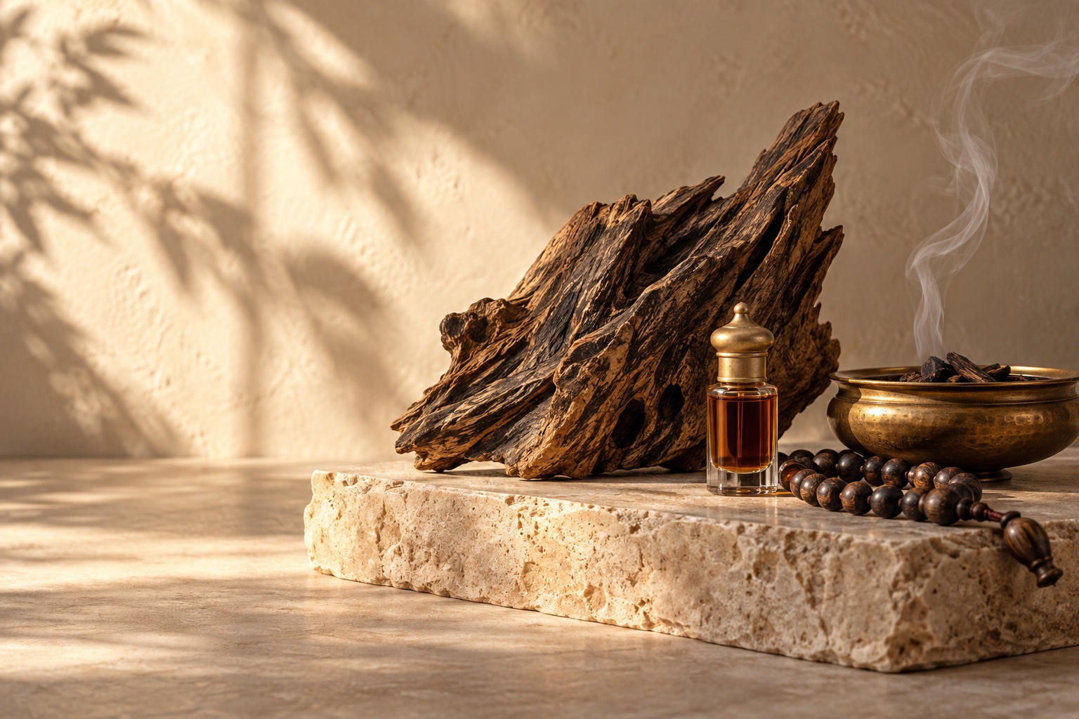 Illustrative still life of agarwood, an oud oil bottle, wooden beads and incense